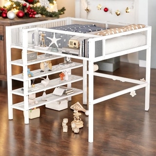 Modern Style Full Size Metal Loft Bed with 4-Tier Shelves and Storage, Creative Structure, Storage Space, Good Stability, White