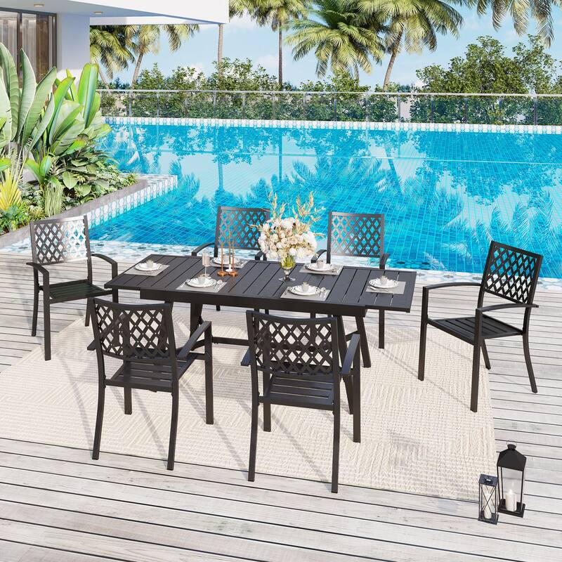 MAISON ARTS Outdoor Patio Dining Set of 7/9 with Metal Expandable Rectangular Dining Table and Metal Chairs - Fixed Chairs-7 Pieces