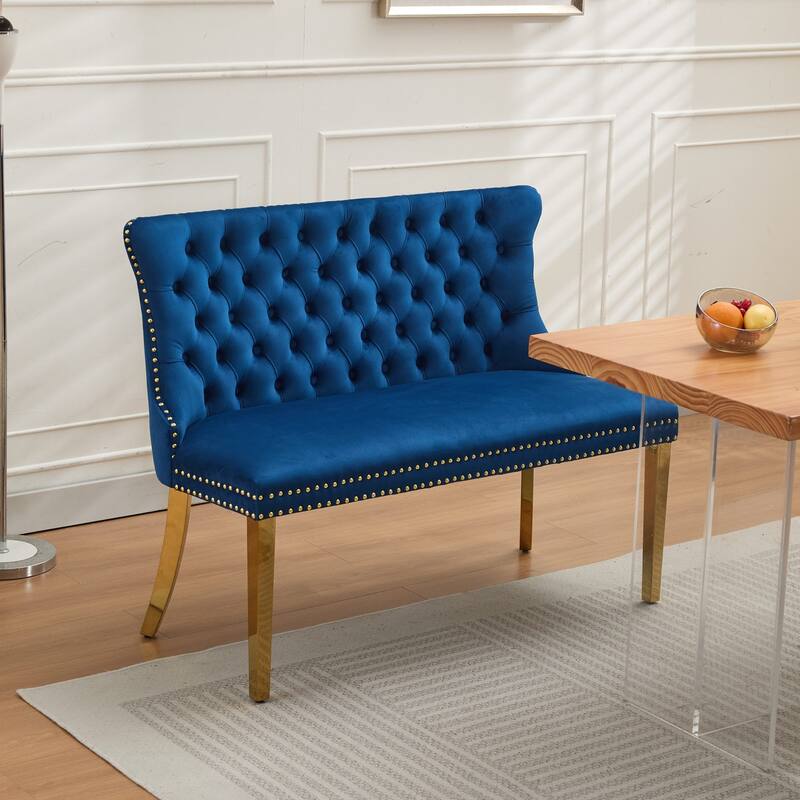 Velvet Double Dining Loveseat Bench, 2-Seat Tufted Bench w/Handmade Buttons, Wing Back, Gold-Plated Steel Legs,Single Pack