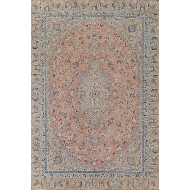 Hand Knotted Oriental 100% Wool Carpet Traditional Floral Pink Mashad Area Rug - 11' 6'' X 8' 9''