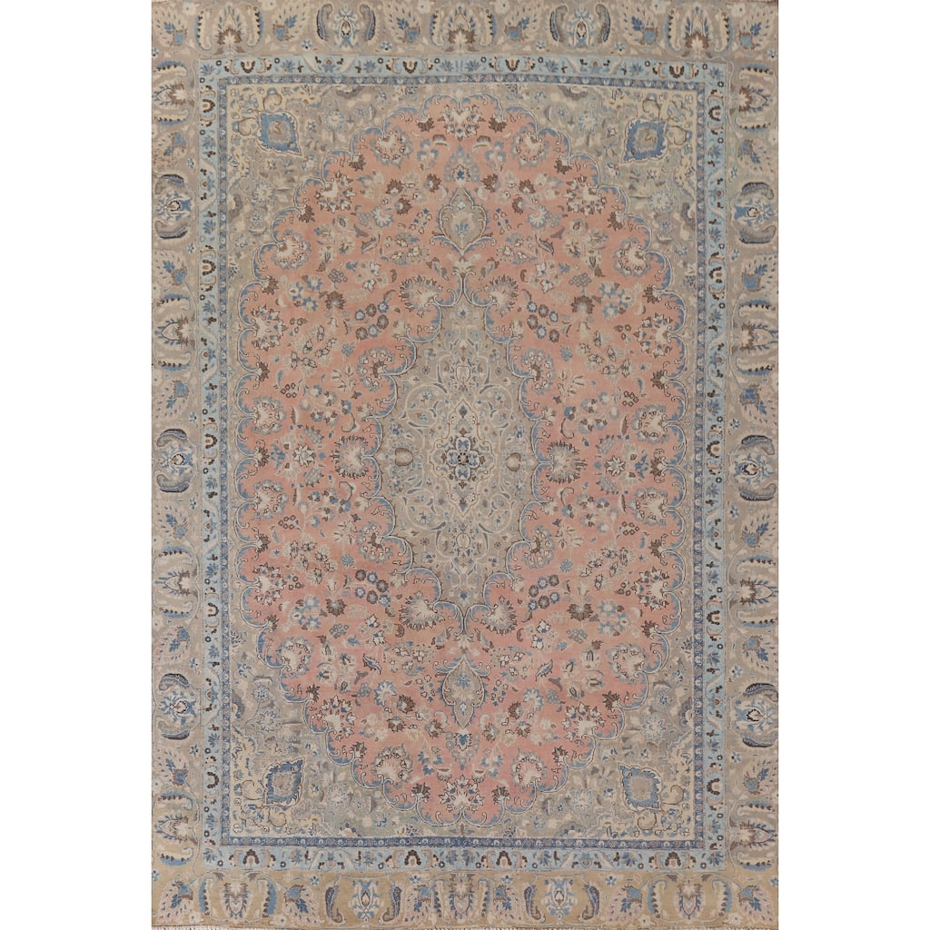 Hand Knotted Oriental 100% Wool Carpet Traditional Floral Pink Mashad Area Rug - 11' 6'' X 8' 9''