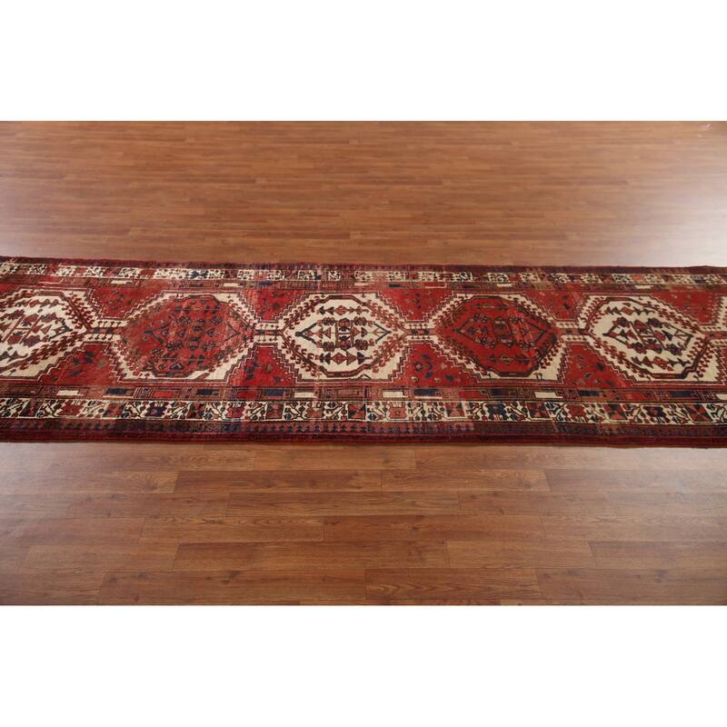 Geometric Ardebil Persian Vintage Runner Rug Handmade Red Wool Carpet - 3'9"x 13'10"