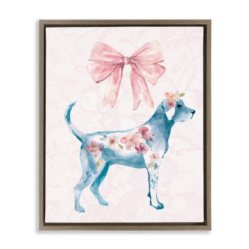 Stupell Floral Dog with Pink Ribbon Framed Floater Canvas Wall Art Design By Carol Robinson - 17 x 21 - Brown