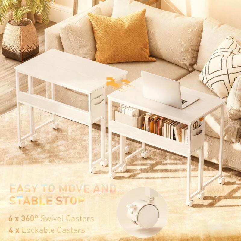 Folding Computer Desk,with Storage Bag, Shelf and Wheels for Small Spaces, Home Office