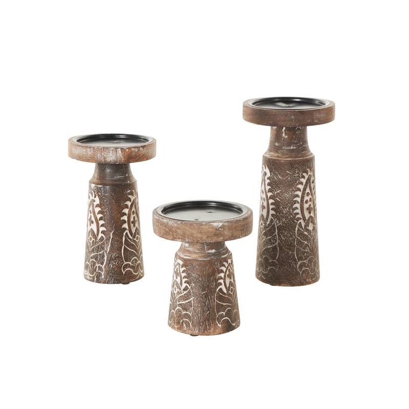 Brown or Dark Brown Mango Wood Tribal Pillar Candle Holder (Set of 3)