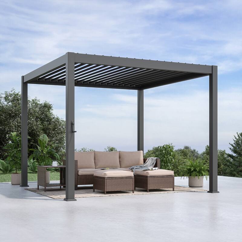 BONOSUKI Outdoor Louvered Pergola with Aluminum Frame for Modern Patio Living - 10' x 10' - Grey