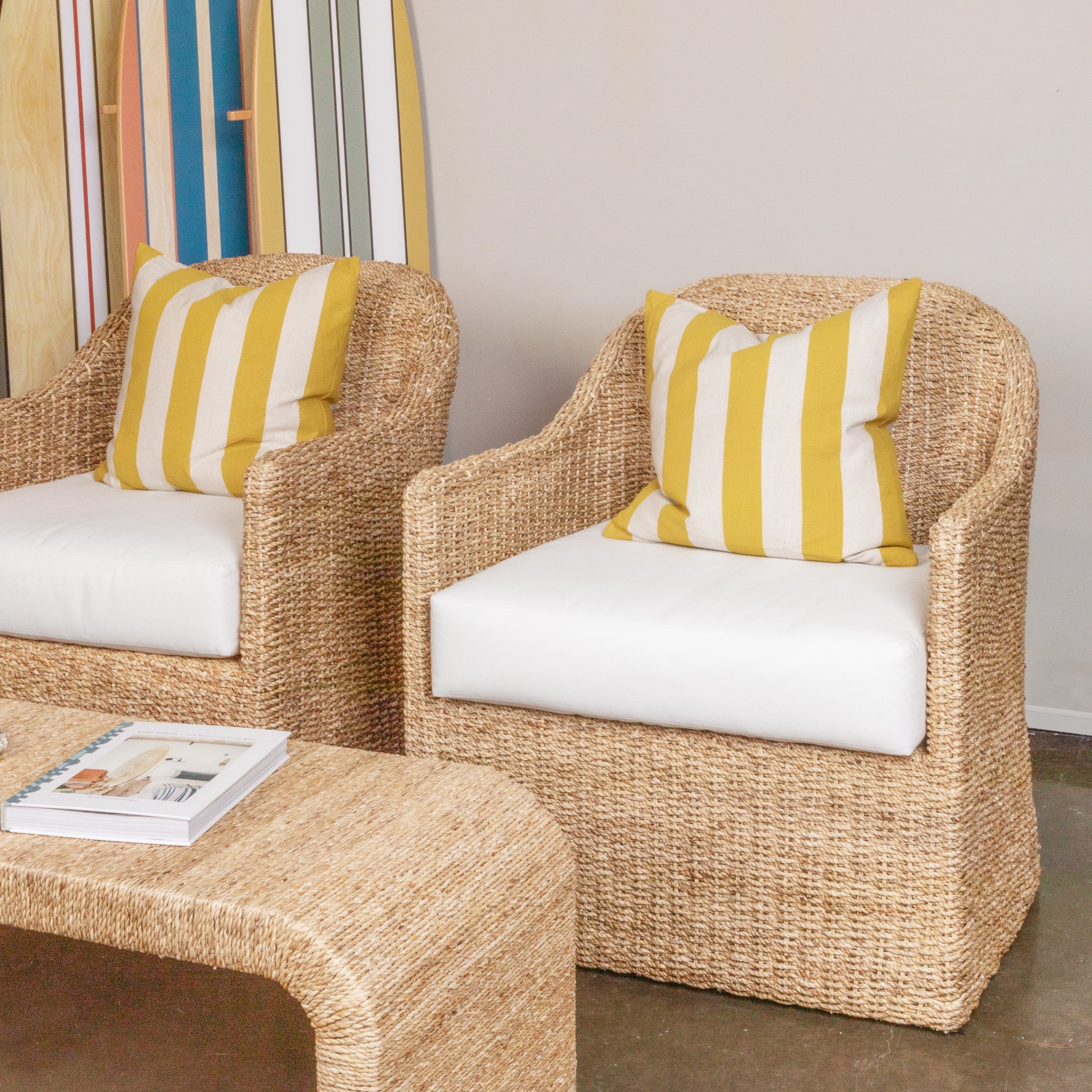 Woven Water Hyacinth and Acacia Wood Chair with Cushion - 31.5