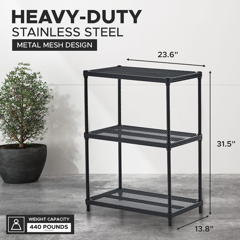 Design Ideas MeshWorks 3 Tier Full-Size Metal Storage Shelving Unit Rack, White