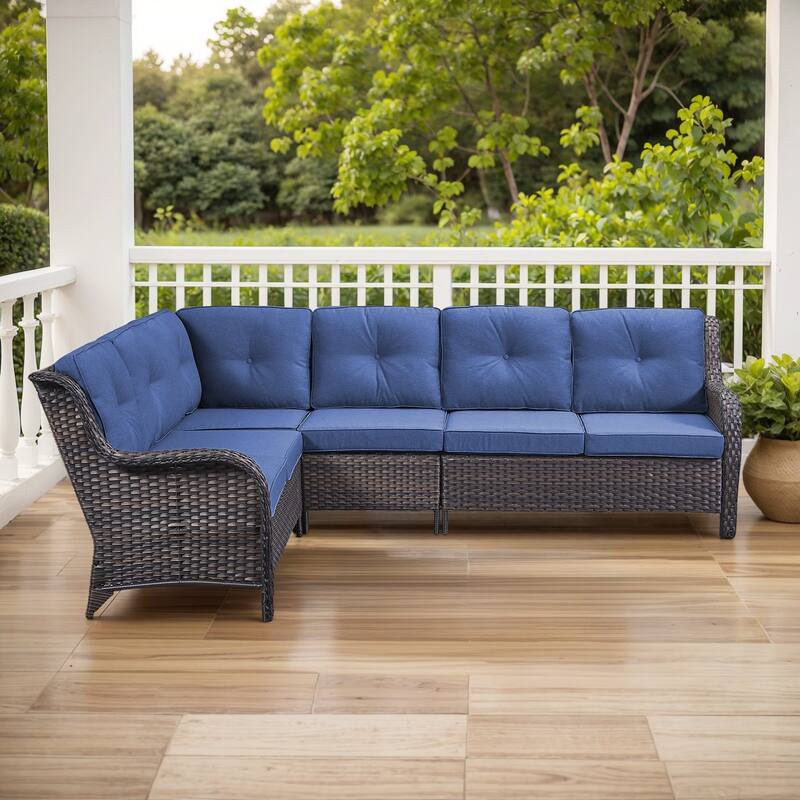 Outdoor Sectional Sofa Furniture Set - Brown Rattan - Blue Cushion - Only Sectional Sofa