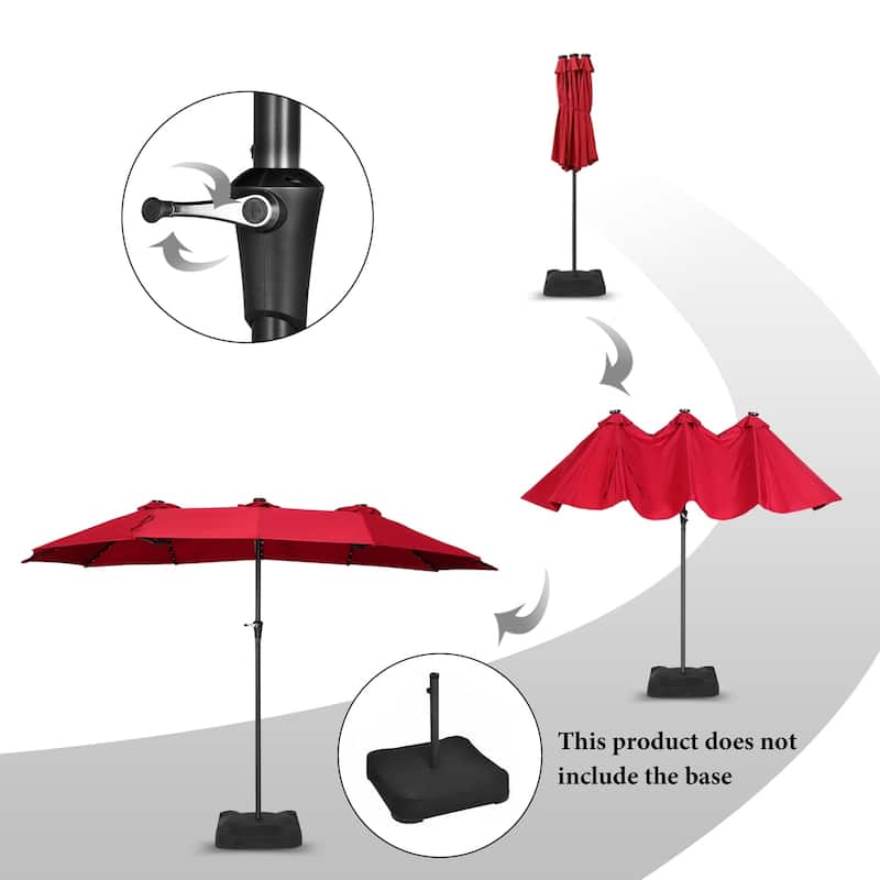 Ainfox 15ft Double-Sided Patio Umbrella with Base Large Outdoor Umbrella with LED Solar Lights