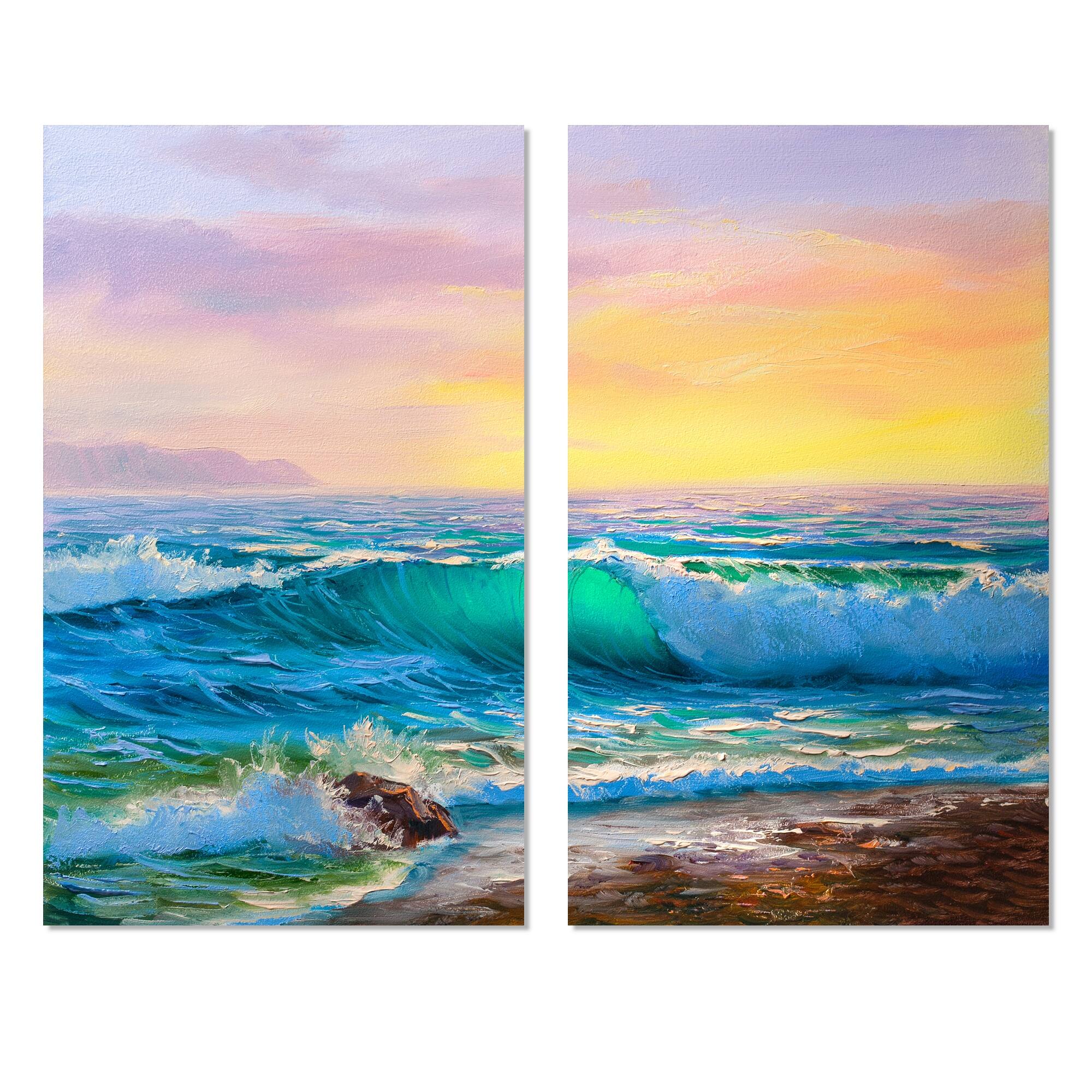Designart "Sunsets over ocean waves" Sea & Shore Canvas Wall Art Print 2 Piece Set Bed Bath