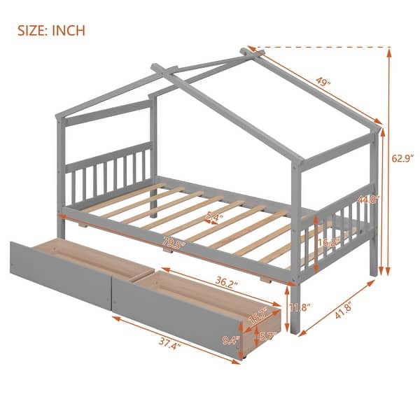 dimension image slide 0 of 3, Twin Size Pine Wood House Bed with Storage Drawers for Kids