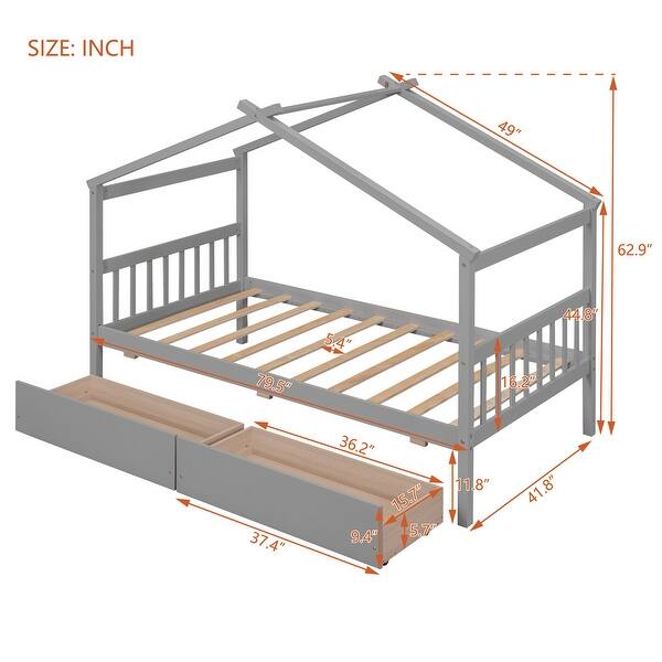 dimension image slide 0 of 2, Twin Size Wooden House-Shaped Bed with Built-In Drawers for Creative and Organized Kids' Bedrooms