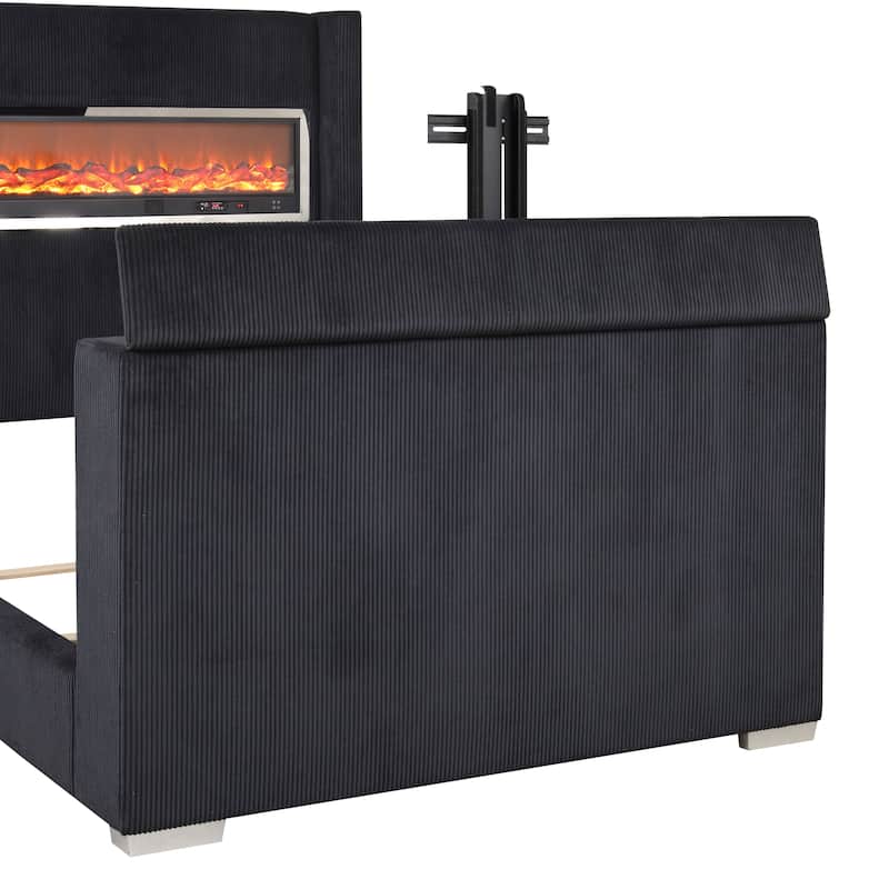 Furniture of America Gaia Modern Corduroy Bed with 3D Fireplace Simulator and Bluetooth Audio