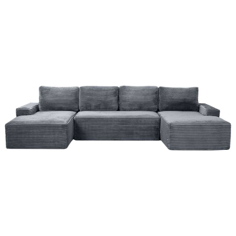 133.4" U-Shaped Corduroy Sectional Sofa with Cup Holders, No Assembly Required