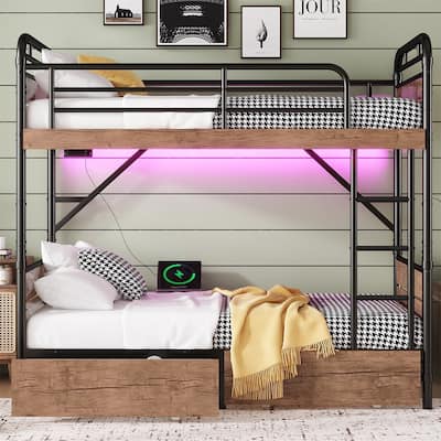 Twin XL over Twin XL Metal Bunk Bed with LED Light and Charge Station, Two Storage Drawers