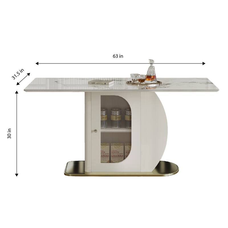 Dining Table for 4-6 People, Kitchen Table with Storage Shelf & Acrylic Door Cabinet, Home Office Table with Marble Top