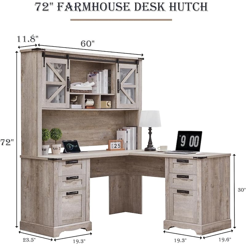 Farmhouse L Shaped Desk with Hutch, Wood Desk with Charging Station