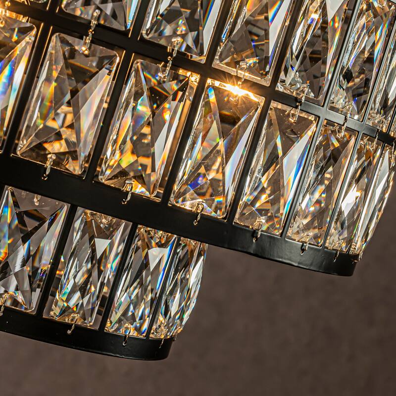 CraftHome Modern Crystal Chandelier Matte Black Finish Drum Pendant Light for Small Spaces Dining Room Entryway