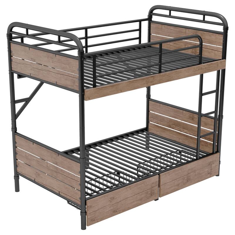 Detachable Bunk Bed Convertible 2 Beds, Black Metal Twin XL Over Twin XL Bed Frame with 2 Drawers, Lights and Charge Station