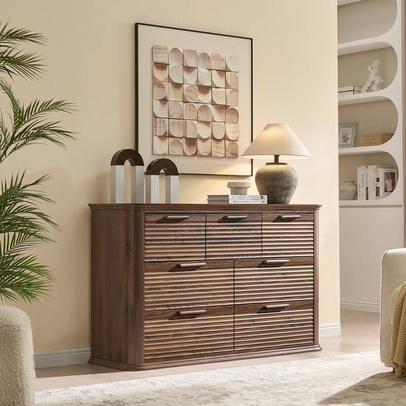 7 Drawer Dresser, 52" Wide Modern Wood Dresser for Bedroom, Chest of Drawers with Curved Profile Design