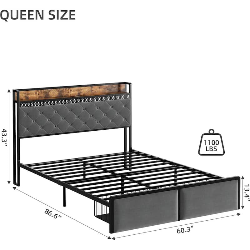 Queen Bed Frame with Storage Headboard and 2 Drawers LED Lights Metal Platform Bed Frame