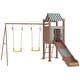 preview thumbnail 1 of 7, Qaba Kids Swing Set for Backyard, Playground Set with 6 FT Slide, 2 Adjustable Swings, Fort with Canopy, Ground Stakes, Brown Brown