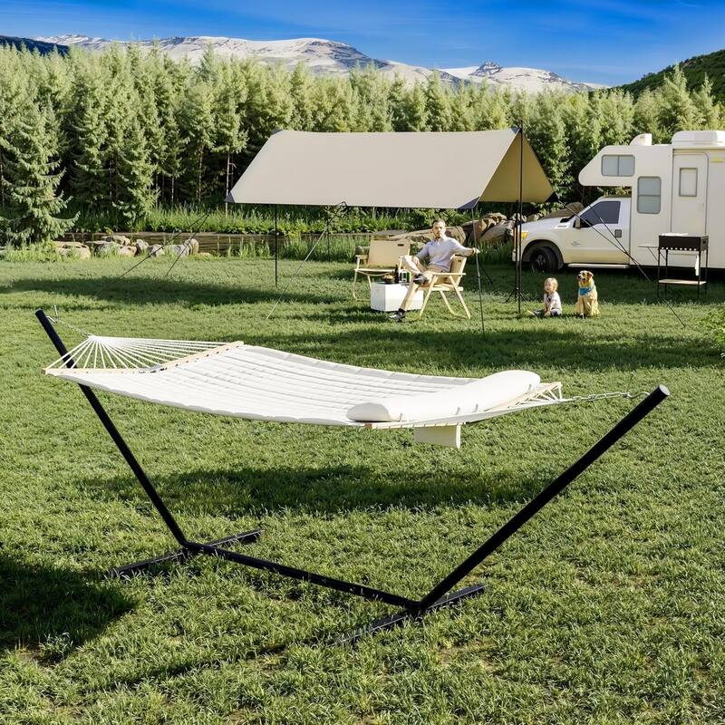 2 Person Heavy Duty Double Hammock, with Collapsible Steel Frame - Beige