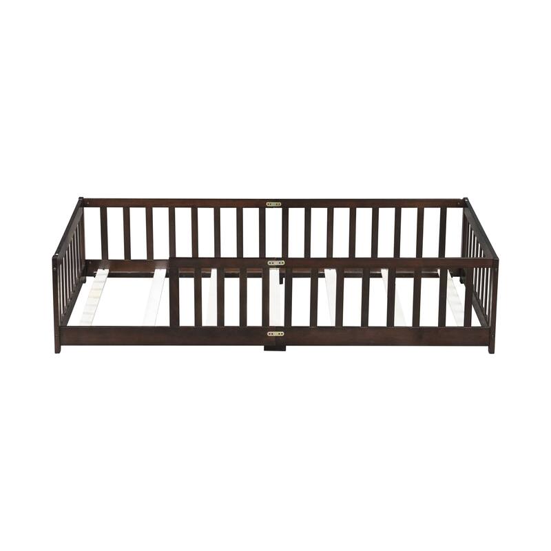 Roomfitters Twin Rubber Wood Floor Bed with Fence, Safety Guardrails, Low Profile Platform Design