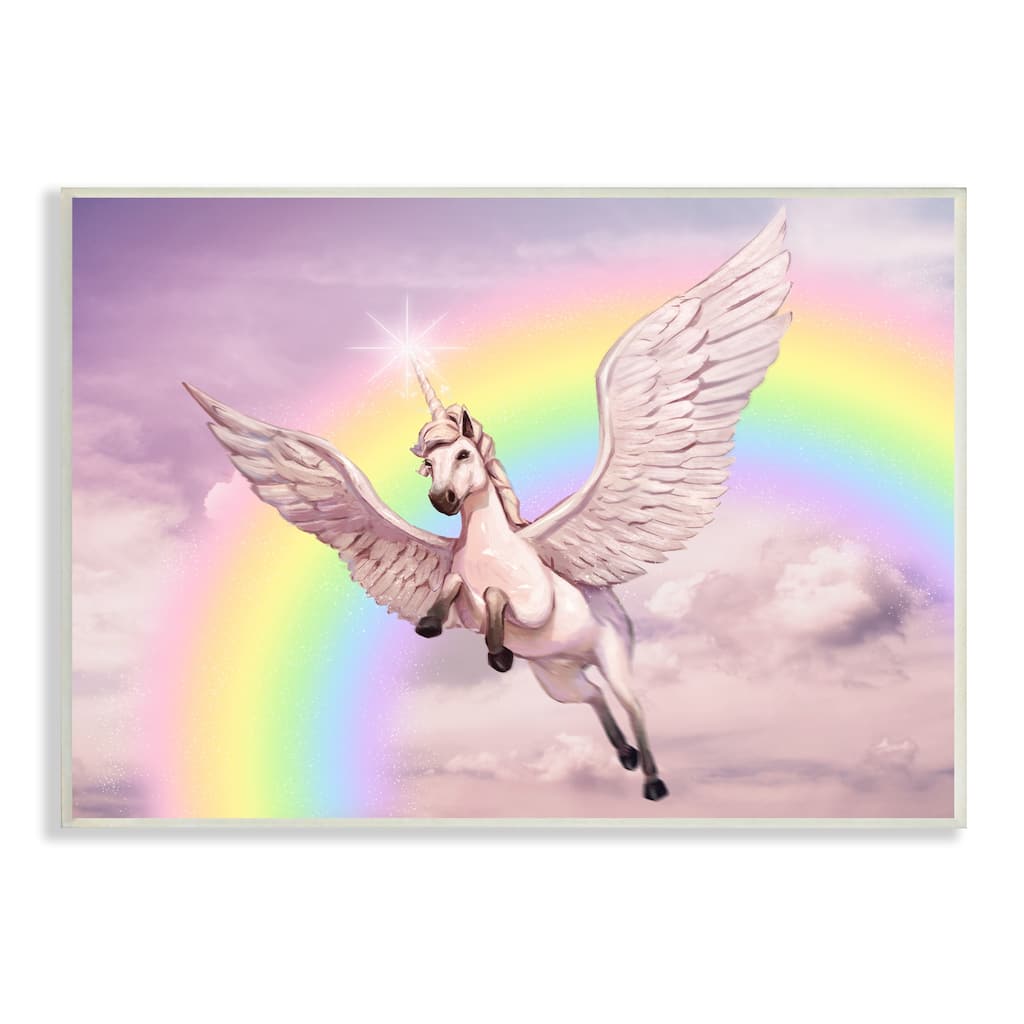 Stupell Unicorn Flying Fluffy Clouds Rainbow Pink Fantasy Wall Plaque Art Design By Ziwei Li