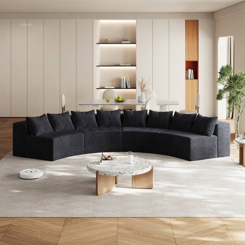 Curved Modular Sectional Sofa Corduroy Conversation Set with Pillows, Symmetrical Sleeper Sofa Semi Circular Couch - Black 4 Seat