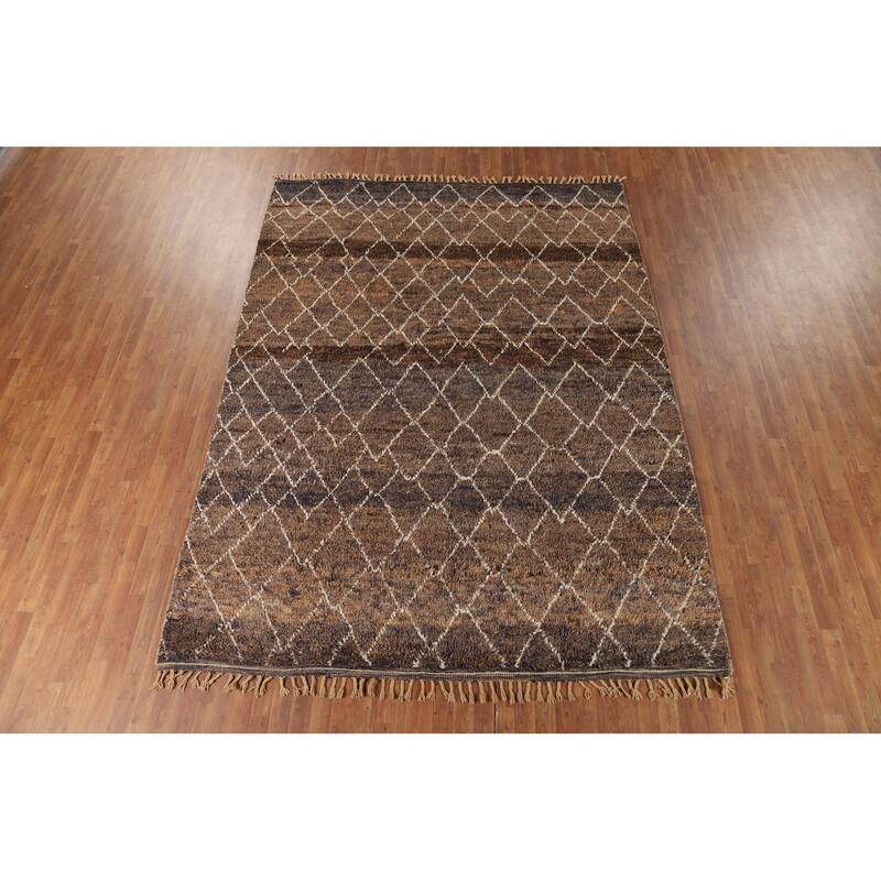 All-Over Brown Moroccan Area Rug Hand-Knotted Wool Carpet - 8'1" x 10'11"