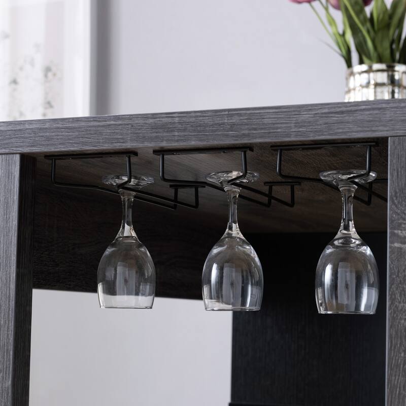 Home Bar Table with Wine Glass Compartment and Three Shelves, Grey and Black