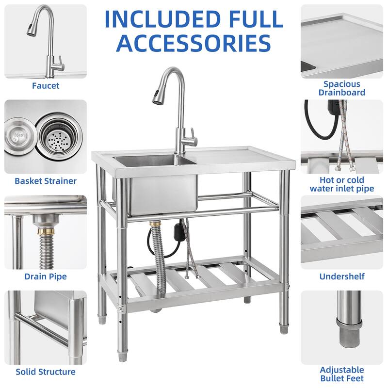Stainless Steel Outdoor Freestanding Utility Sink With Faucet, Drainboard, And Storage Shelves