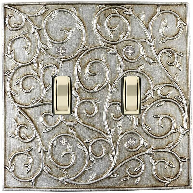 Meriville French Scroll 2 Toggle Wallplate, Double Switch Electrical Cover Plate - Aged Silver