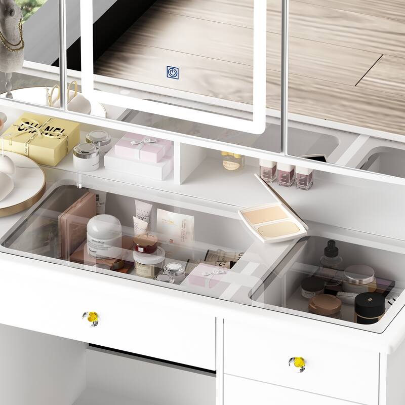 Extra Large Mirror Makeup Vanity Table with LED light,9 Drawers,White - 53.9"H