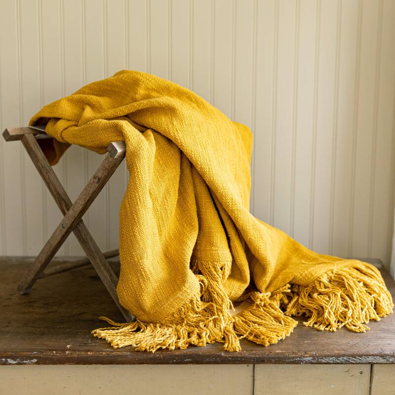 Foreside Home & Garden Fringed Throw Blanket Mustard Cotton