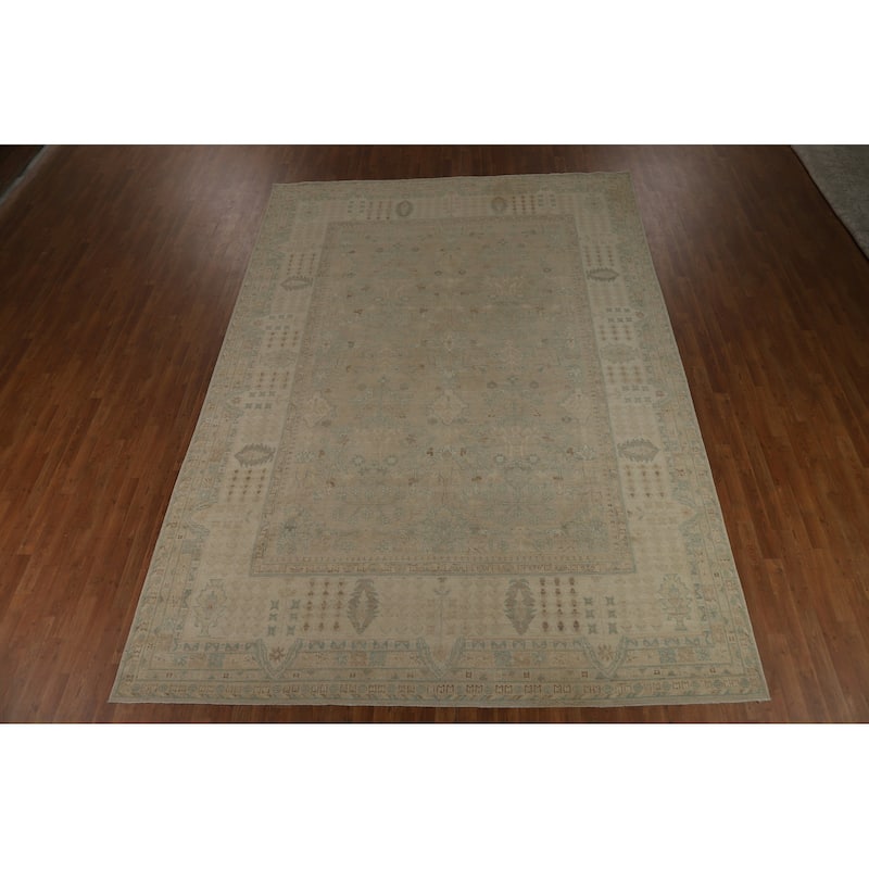 Vegetable Dye Oushak Turkish Area Rug Hand-Knotted Beige Wool Carpet - 9'0" x 12'7"