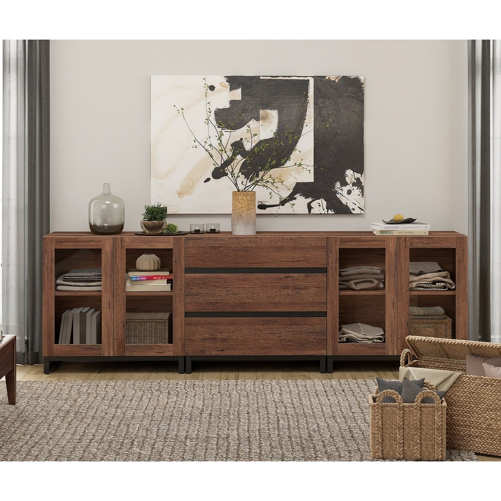WAMPAT 3 in 1 Modern Dresser with Glass Doors and 3 Drawers, Chest of Drawers for Bedroom