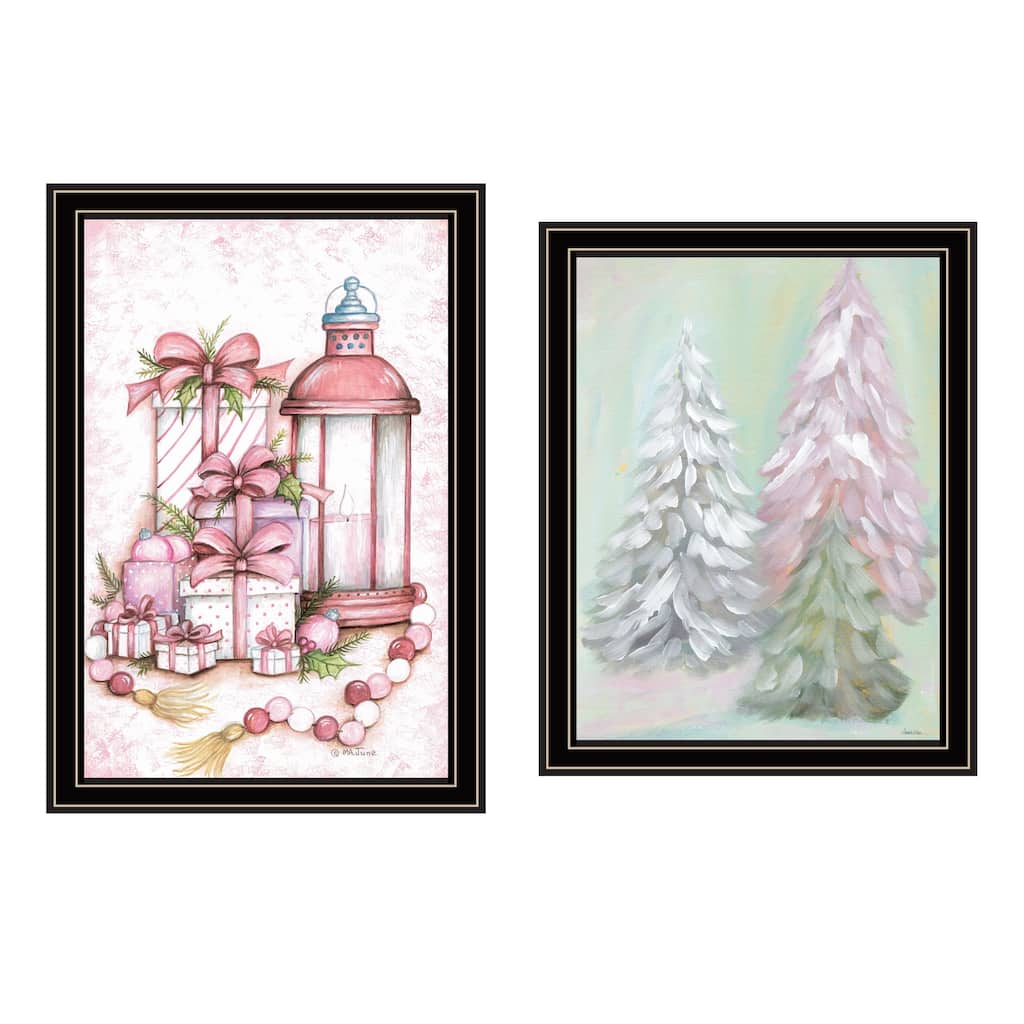 2-Piece Framed Wall Art Set - Pink Candy Land Christmas Trees, Black Frame