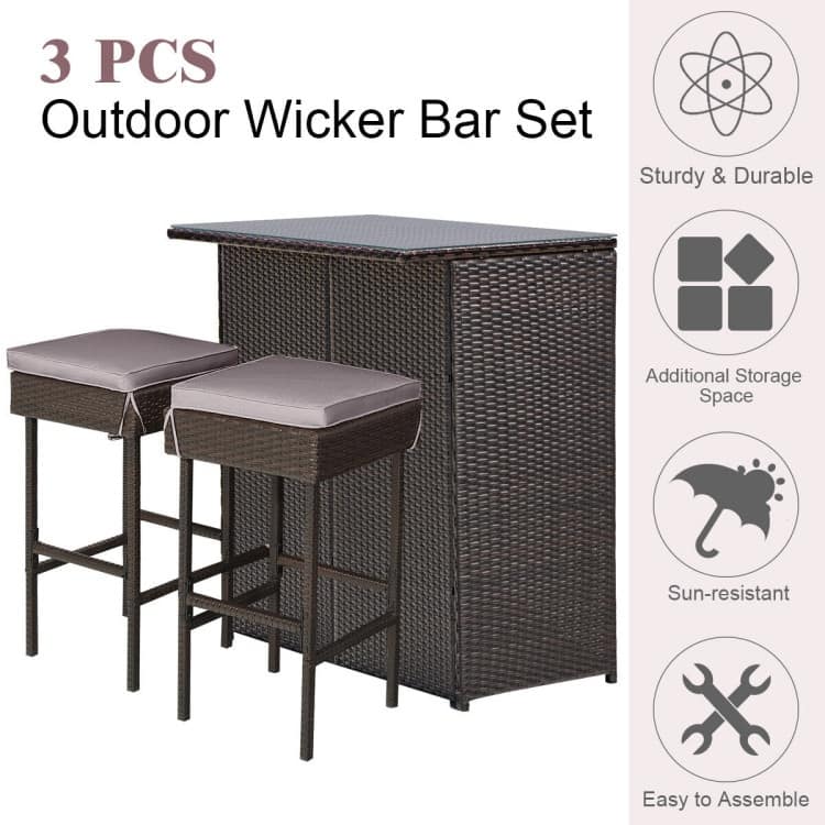 3-Piece Patio Rattan Wicker Bar Set with 2 Cushioned Stools for Outdoor Entertaining - 40" x 24" x 41.5" (L x W x H)