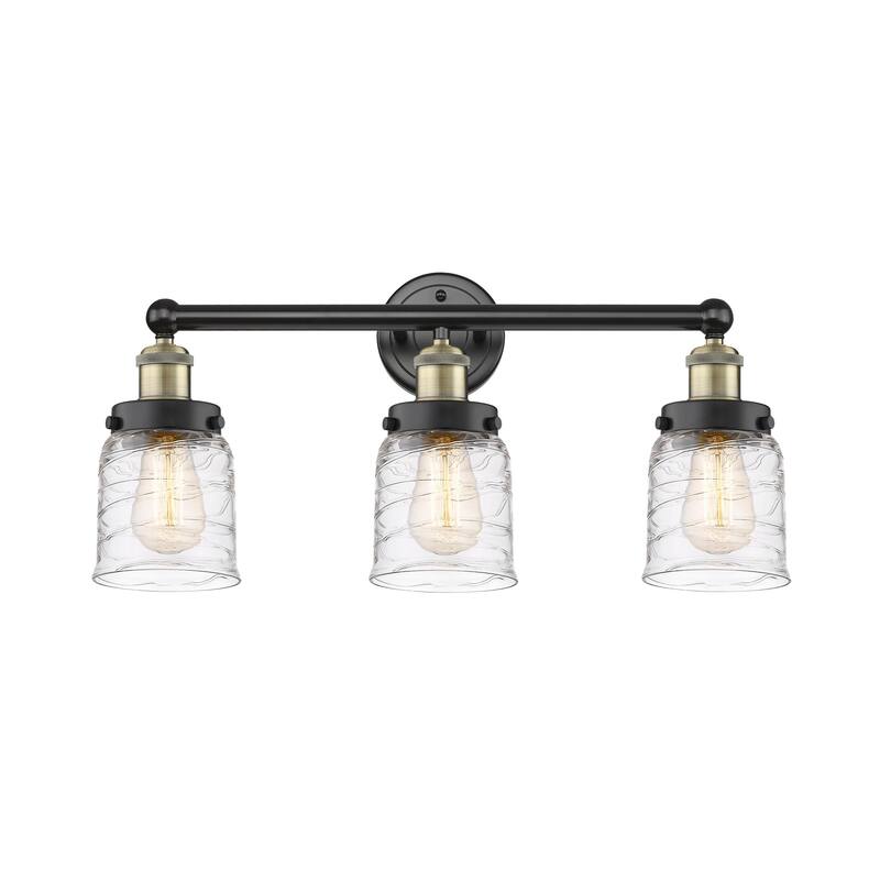 Innovations Lighting 616-3W-10-25 Bell Vanity Bell 3 Light 25" Wide - Black Brass / Clear Deco Swirl / Multi-Colored