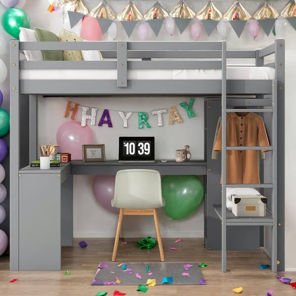 slide 2 of 22, Kid Bed Frame Wood Twin Size Loft Bed with L-shaped Desk,Wardrobe and Shelves Grey