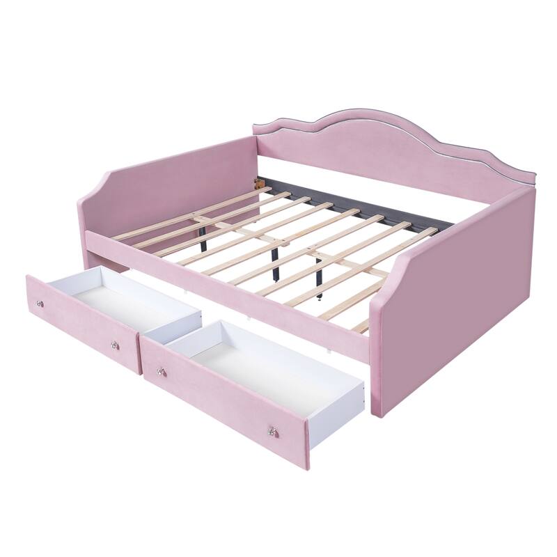 Pink Velvet Upholstered Full Size Daybed with LED Lights and 2 Storage Drawers