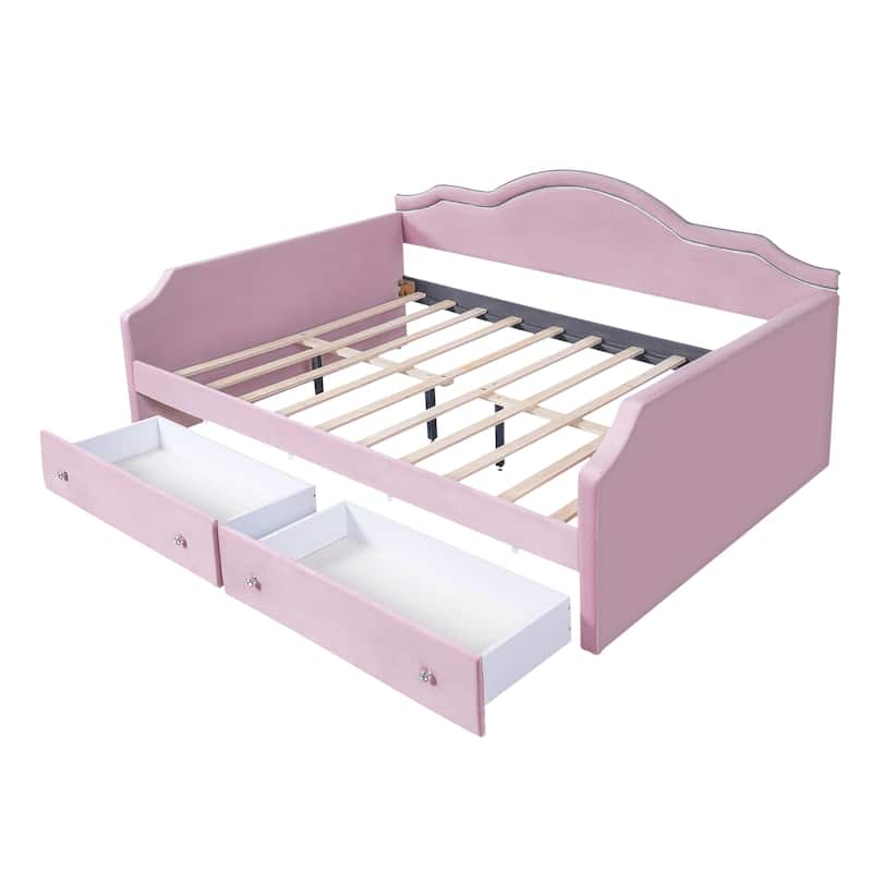 Velvet Upholstered Daybed Platform Bed with Headboard and 2 Storage Drawers, Adjustable LED Light, No Box Spring Needed