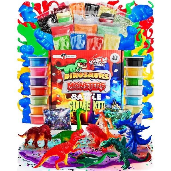 slide 2 of 8, Original Stationery Dinosaur & Monsters Battle Slime Kit, 14 Premade Slimes with Dino Toy Molds, Fun Slime for Boys