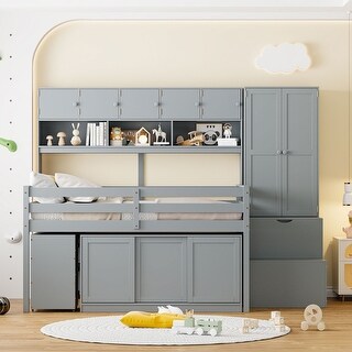 Full Size Loft Bed Storage Kids Bed with Storage Compartments, Shelf, Wardrobe, Storage Stairs, Under-bed Desk, Cabinets, Grey