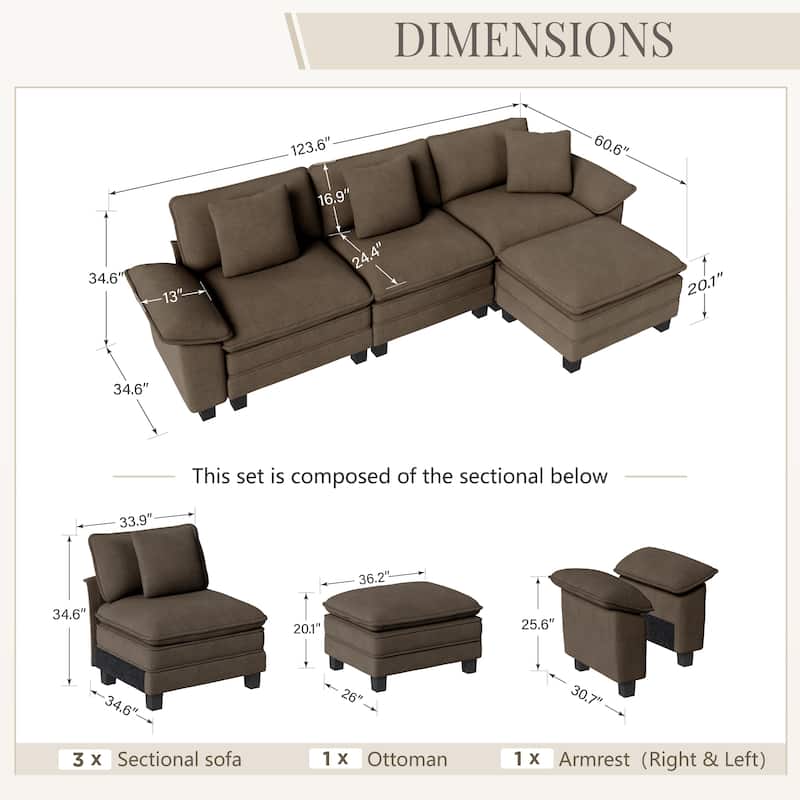MAISON ARTS Modular Cloud Sectional Sofa, Comfy L- or U-Shaped Couch with Ottomans & Pillows, 4–6 Seat Living Room Sofa