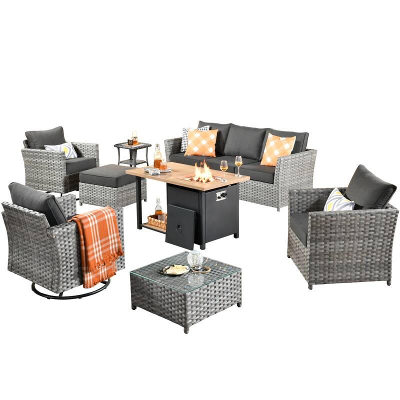 HOOOWOOO 10-piece Outdoor Grey Wicker Patio Furniture Set with Fire Pit Table