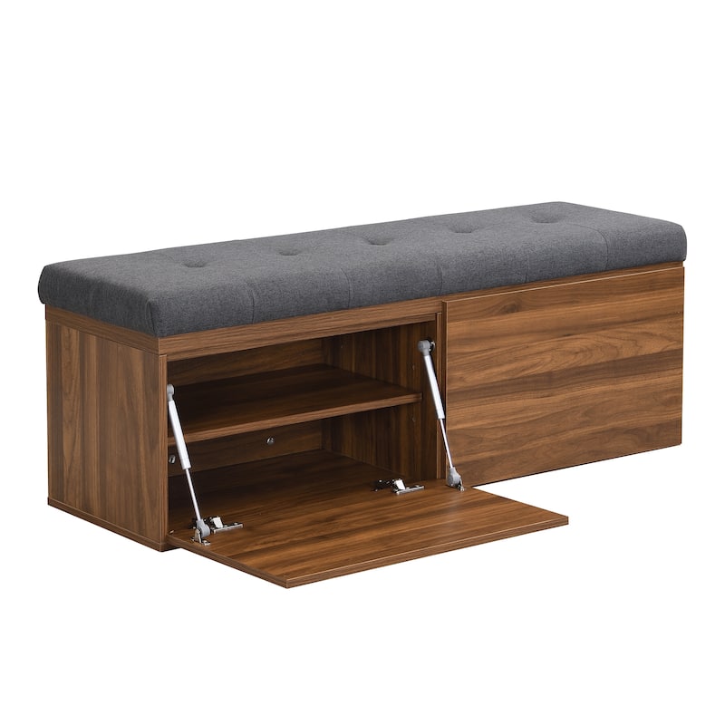Wooden Shoe Storage Bench Entryway Tufting Bench w/ Adjustable Shelves聽